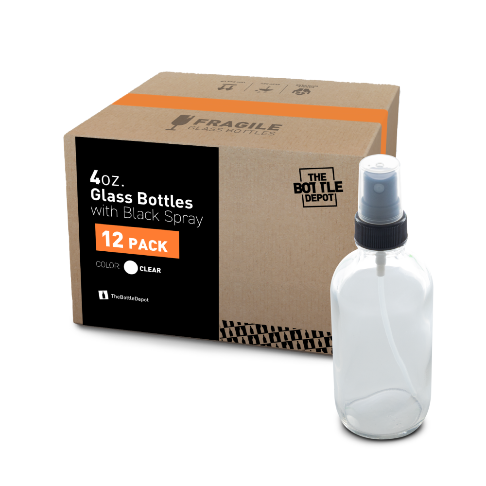 4 oz Clear Glass Boston Round Bottle With Fine Mist Sprayer (12 Pack)