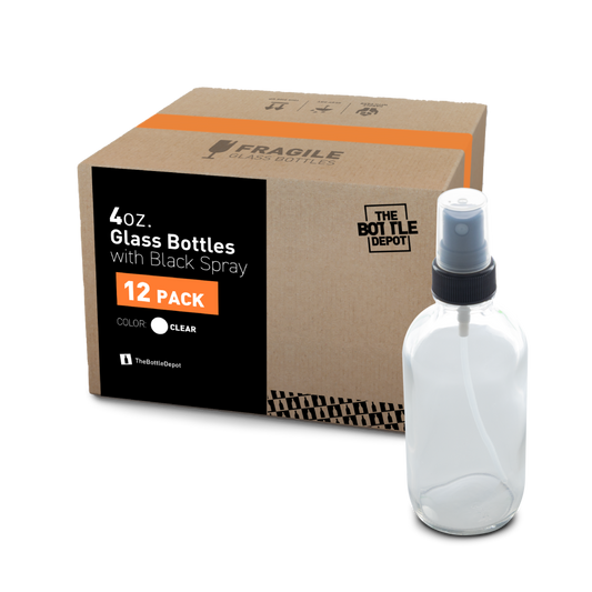 4 oz Clear Glass Boston Round Bottle With Fine Mist Sprayer (12 Pack)