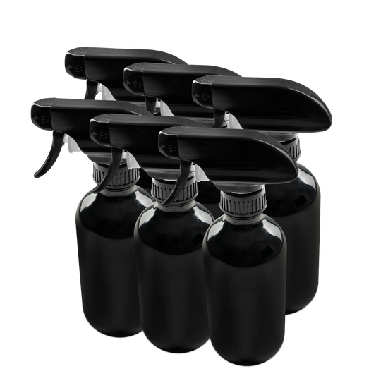 8 oz Black UV Glass Boston Round Bottle With Black Trigger Sprayer (6 Pack)