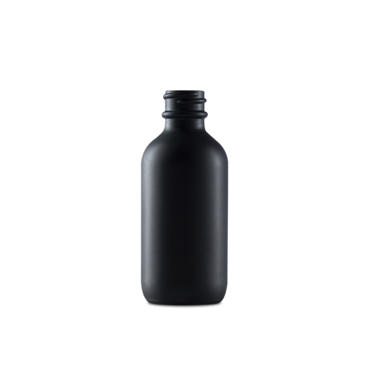 2 oz black frosted boston round glass bottle is the perfect container for your hair oils. This dark, sleek glass gives an elegant touch.