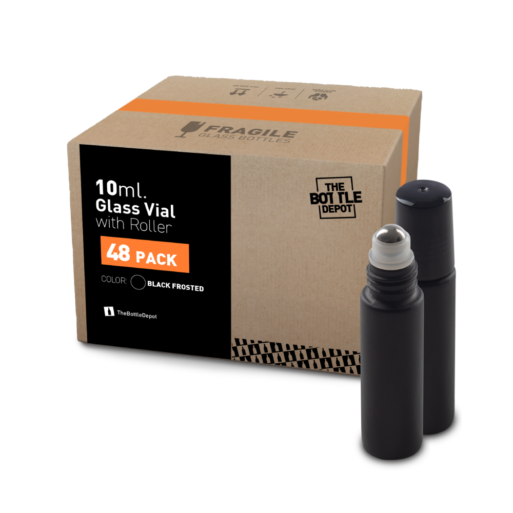 Black frosted glass roll-on bottle with stainless steel ball and black PP cap, 10 ml, pack of 48.