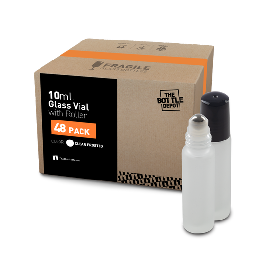 Clear frosted glass roll-on bottle with stainless steel ball and black PP cap, 10 ml, pack of 48.