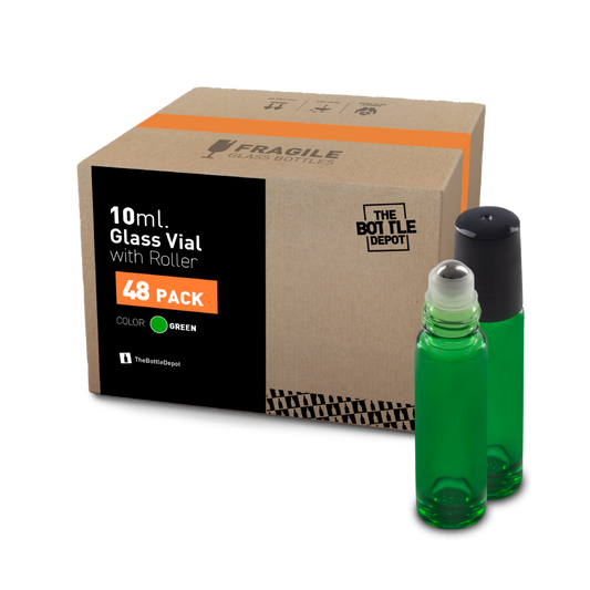 Green glass roll-on bottle with stainless steel ball and black PP cap, 10 ml, pack of 48.