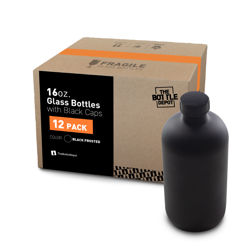 16 oz Black Frosted Glass Boston Round Bottle With Black Lid (12 Pack)