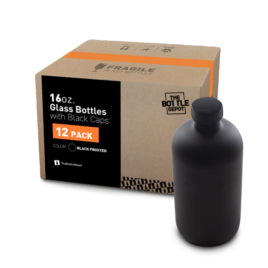 16 oz Black Frosted Glass Boston Round Bottle With Black Lid (12 Pack)