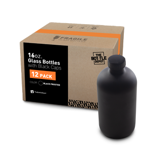 16 oz Black Frosted Glass Boston Round Bottle With Black Lid (12 Pack)