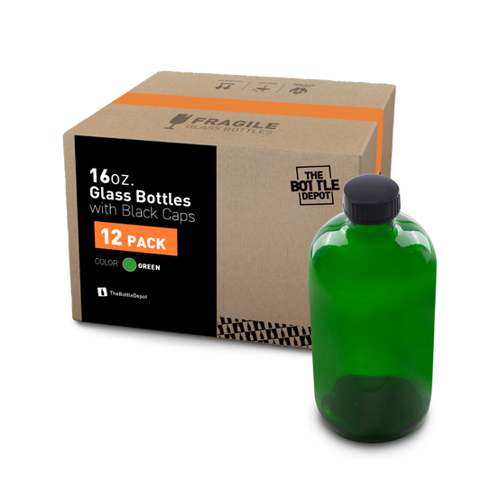 16 oz Green Glass Boston Round Bottle With Black Lid (12 Pack)