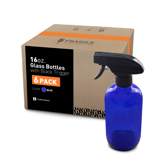16 oz Blue Glass Boston Round Bottle With Black Trigger Sprayer (6 Pack)