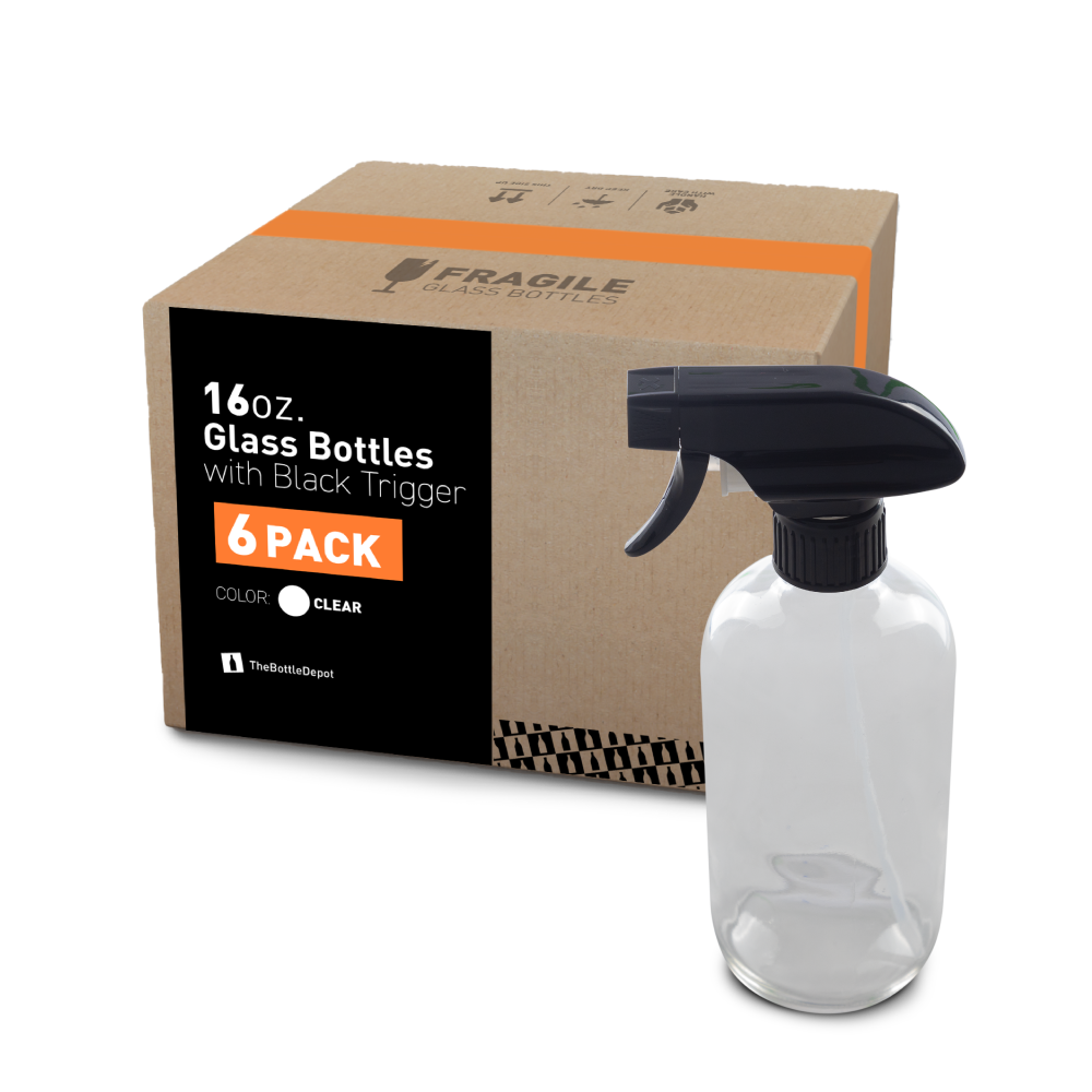 16 oz Clear Glass Boston Round Bottle With Black Trigger Sprayer (12 Pack)