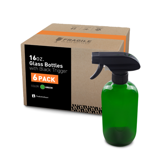 16 oz Green Glass Boston Round Bottle With Black Trigger Sprayer (6 Pack)