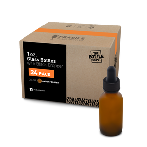 1 oz Amber Frosted Glass Boston Round Bottle With Black Dropper (24/72 Pack)