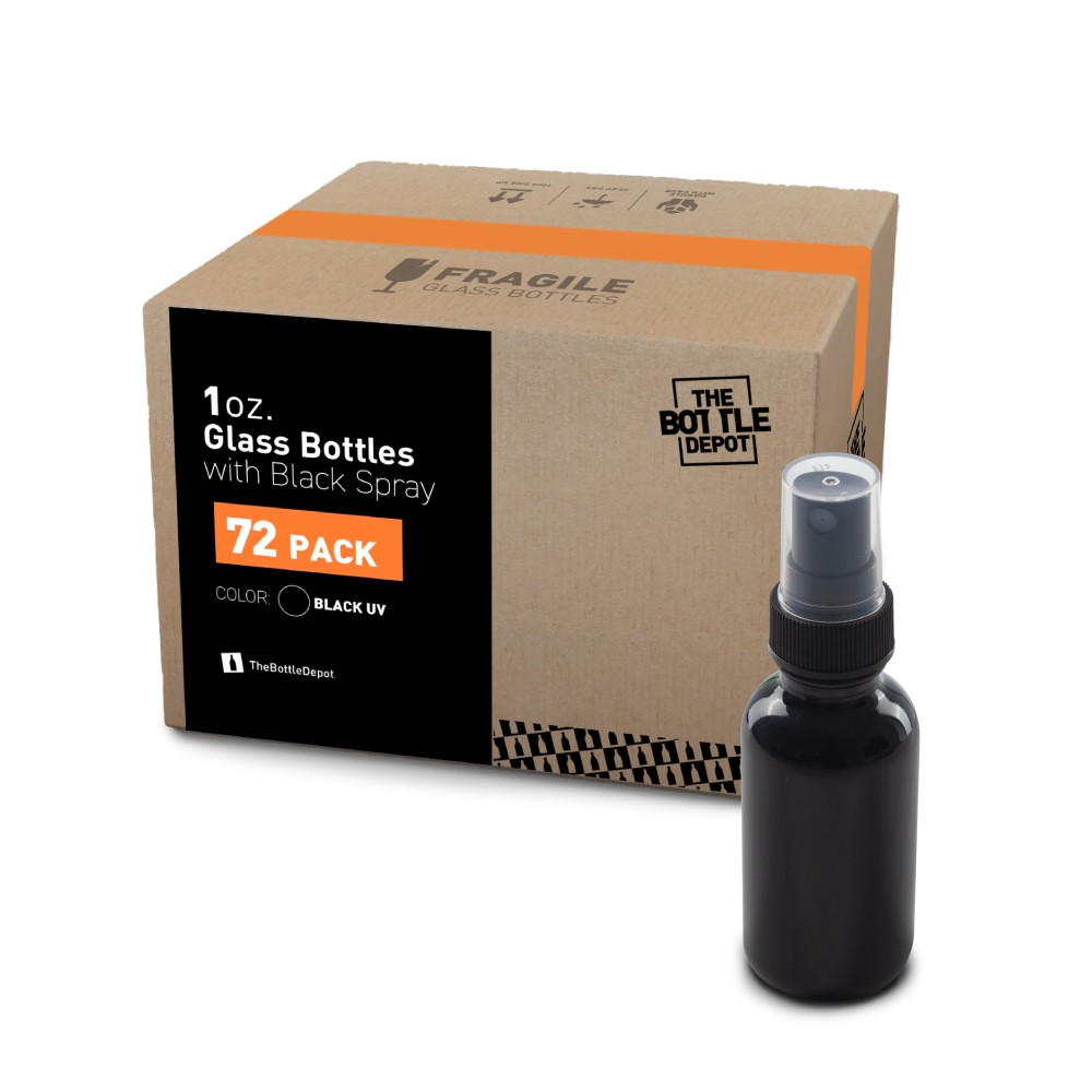 1 oz Black UV Glass Boston Round Bottle With Fine Mist Sprayer (72 Pack)