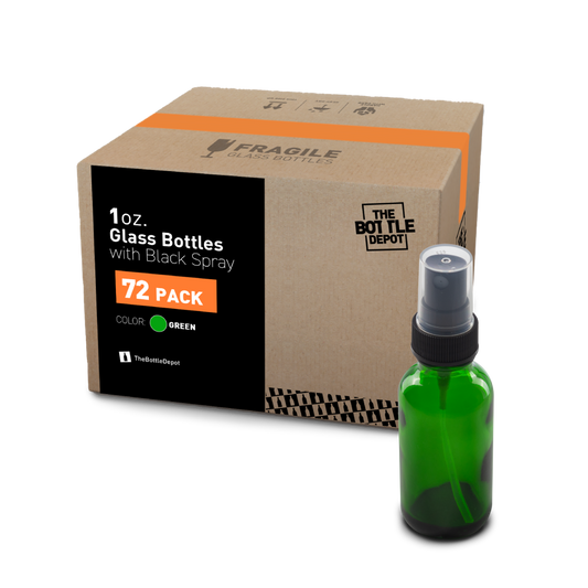 1 oz Green Glass Boston Round Bottle With Fine Mist Sprayer (72 Pack)