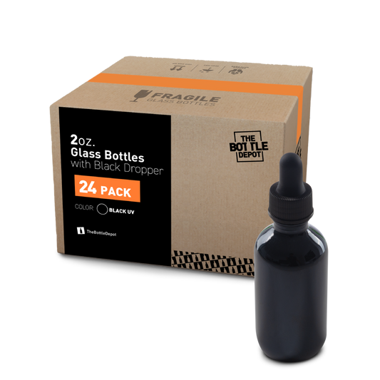 2 oz Black UV Boston Round Glass Bottle With Dropper (24/72 Pack)