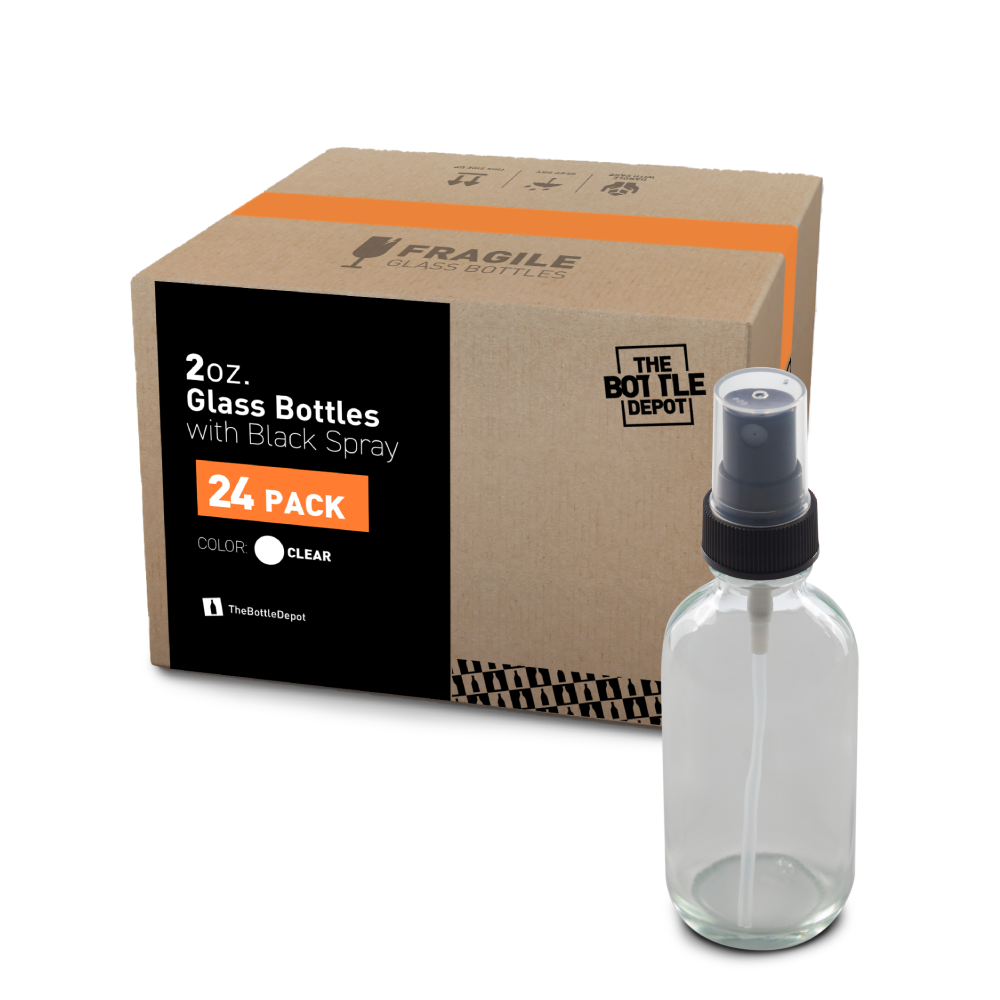 2 oz Clear Glass Boston Round Bottles With Black Fine Mist Sprayers (24/72 Pack)