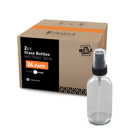 2 oz Clear Glass Boston Round Bottle With Fine Mist Sprayer (24/72 Pack)