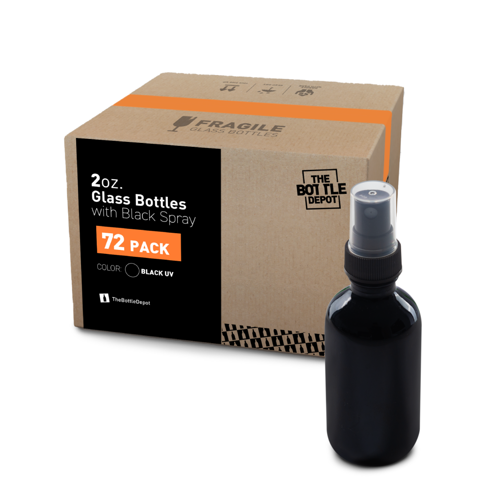 2 oz Black UV Glass Boston Round Bottles With Black Fine Mist Sprayers (24/72 Pack)