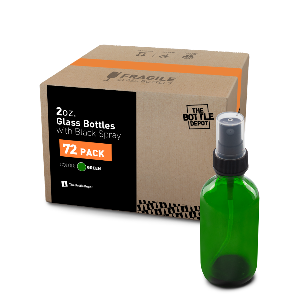 2 oz Green Glass Boston Round Bottles With Black Fine Mist Sprayers (24/72 Pack)