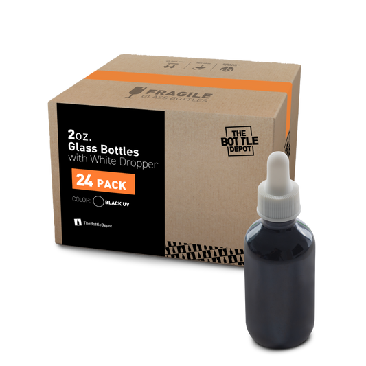 2 oz Black UV Glass Boston Round Bottle With White Dropper (24/72 Pack)