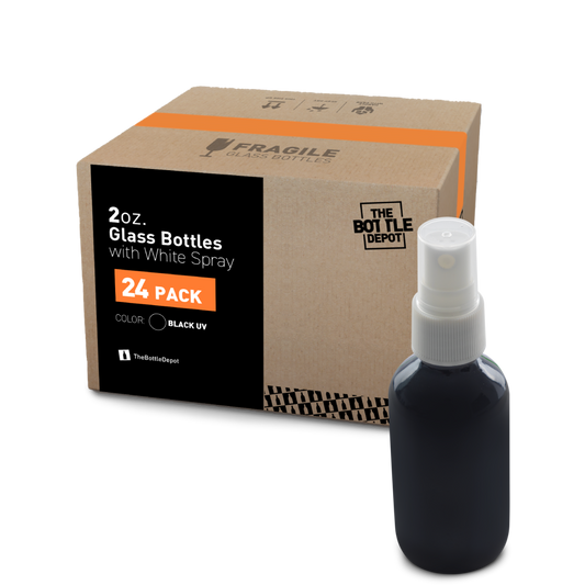 2 oz Black UV Glass Boston Round Bottle With White Fine Mist Sprayer (24 Pack)