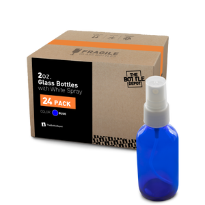 2 oz Blue Glass Boston Round Bottle With White Fine Mist Sprayer (24 Pack)