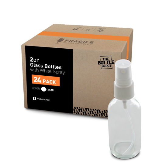 2 oz Clear Glass Boston Round Bottle With White Fine Mist Sprayer (24 Pack)