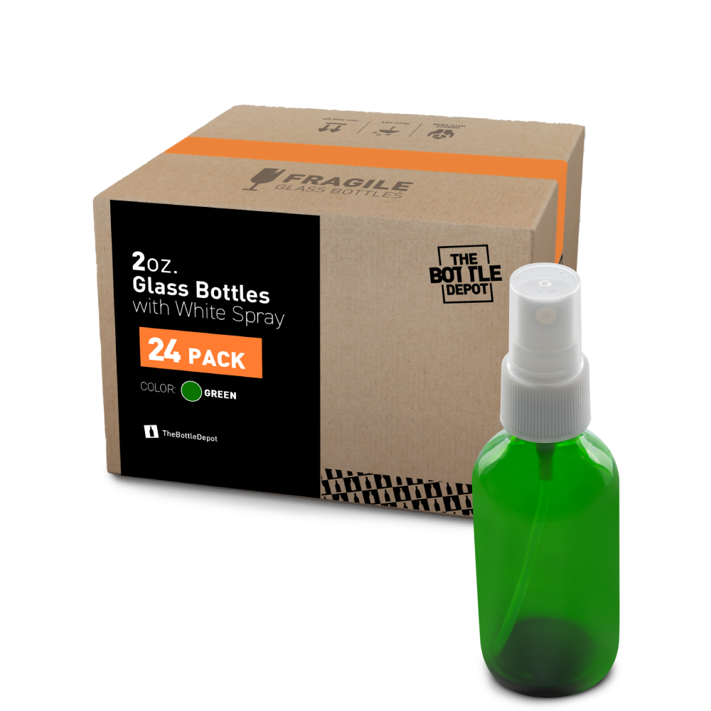 2 oz Green Glass Boston Round Bottle With White Fine Mist Sprayer (24 Pack)