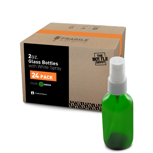 2 oz Green Glass Boston Round Bottle With White Fine Mist Sprayer (24 Pack)