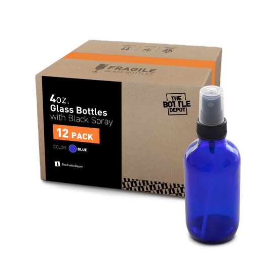 4 oz Blue Glass Boston Round Bottle With Fine Mist Sprayer (12 Pack)