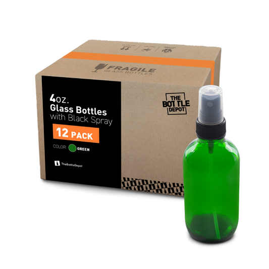 4 oz Green Glass Boston Round Bottle With Fine Mist Sprayer (12 Pack)