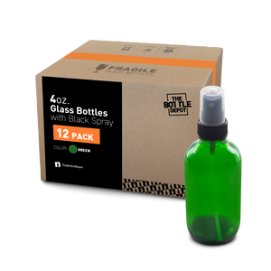 4 oz Green Glass Boston Round Bottle With Fine Mist Sprayer (12 Pack)