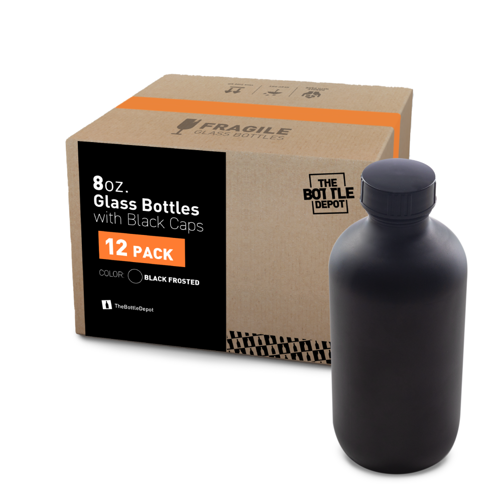 8 oz Black Frosted Glass Boston Round Bottle With Black Lid (12 Pack)