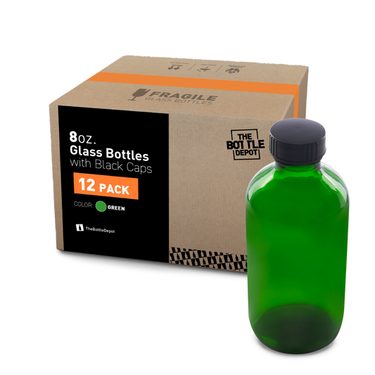 8 oz Green Glass Boston Round Bottle With Black Lid (12 Pack)