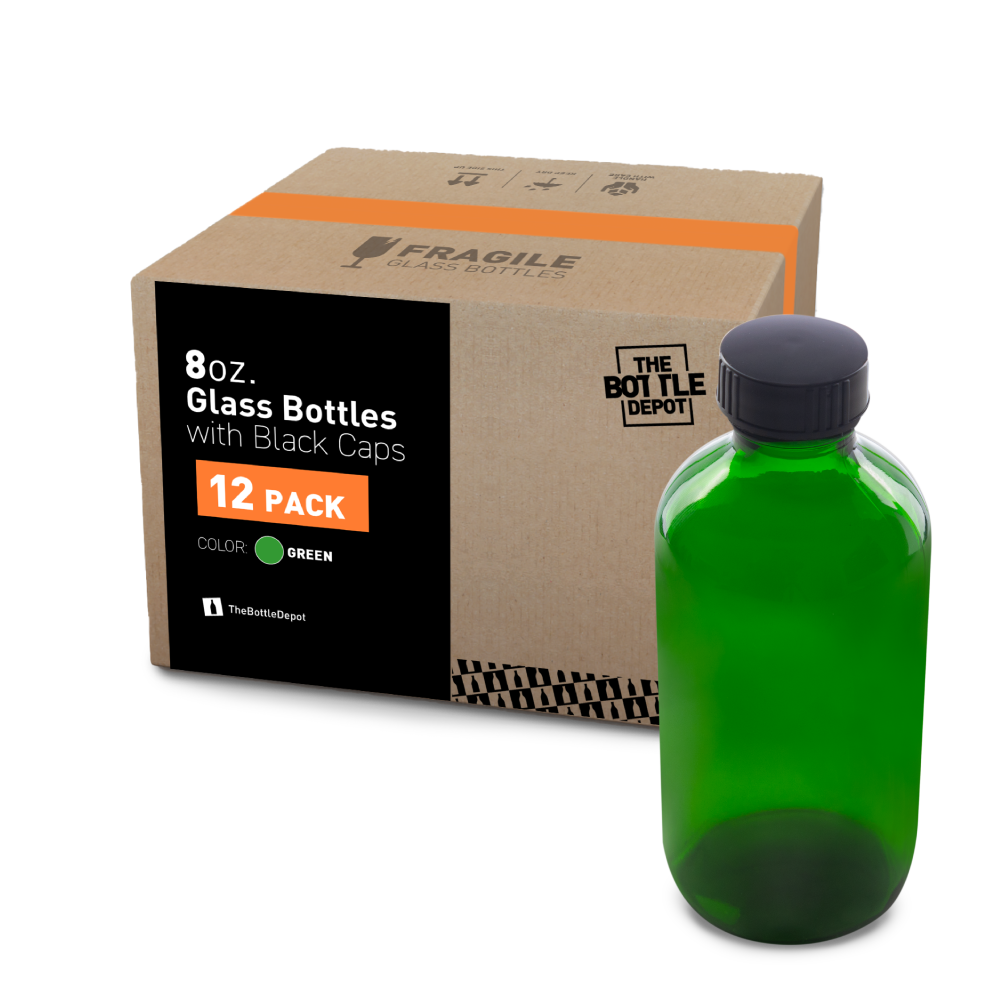 8 oz Green Glass Boston Round Bottle With Black Lid (12 Pack)