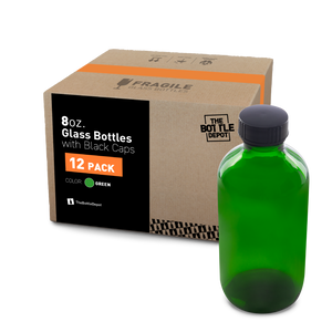 8 oz Green Glass Boston Round Bottle With Black Lid (12 Pack)