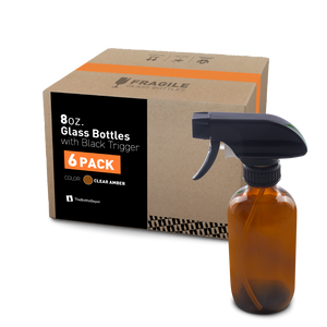 8 oz Amber Glass Boston Round Bottle With Black Trigger Sprayer (6 Pack)