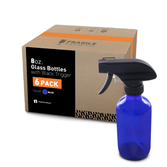 8 oz Blue Glass Boston Round Bottle With Black Trigger Sprayer (6 Pack)