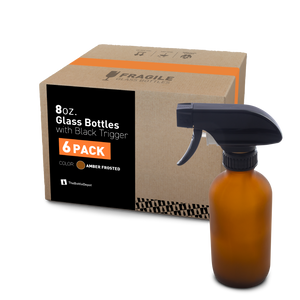 8 oz Amber Frosted Glass Boston Round Bottle With Black Trigger Sprayer (6 Pack)