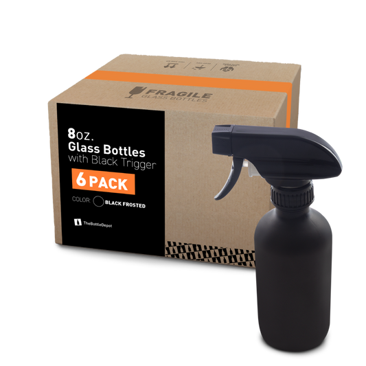 8 oz Black Frosted Glass Boston Round Bottle With Black Trigger Sprayer (6 Pack)
