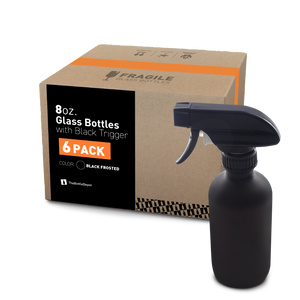 8 oz Black Frosted Glass Boston Round Bottle With Black Trigger Sprayer (6 Pack)