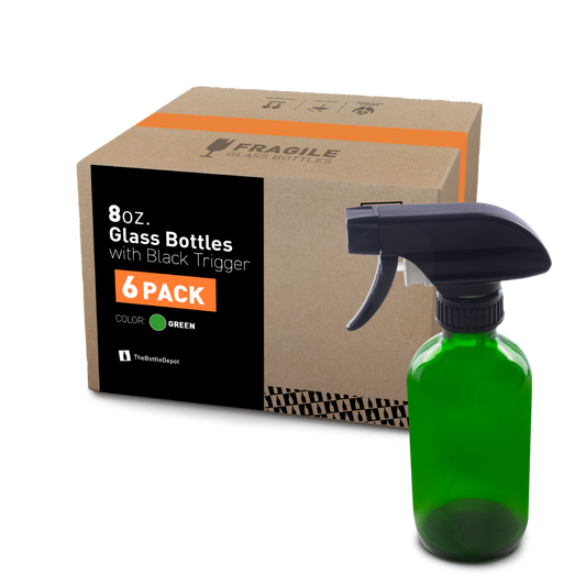 8 oz Green Glass Boston Round Bottle With Black Trigger Sprayer (6 Pack)