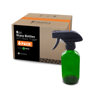 8 oz Green Glass Boston Round Bottle With Black Trigger Sprayer (6 Pack)